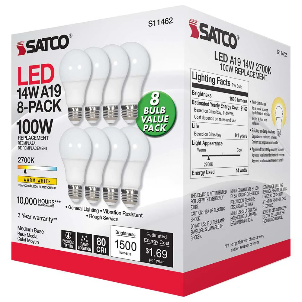 8Pk - 14W A19 LED 2700K Non-Dimmable E26 Medium base - 100w equiv - Image 4
