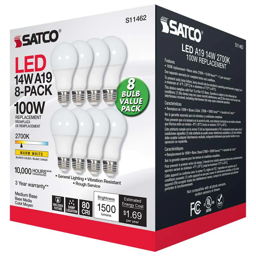 8Pk - 14W A19 LED 2700K Non-Dimmable E26 Medium base - 100w equiv - Image 5
