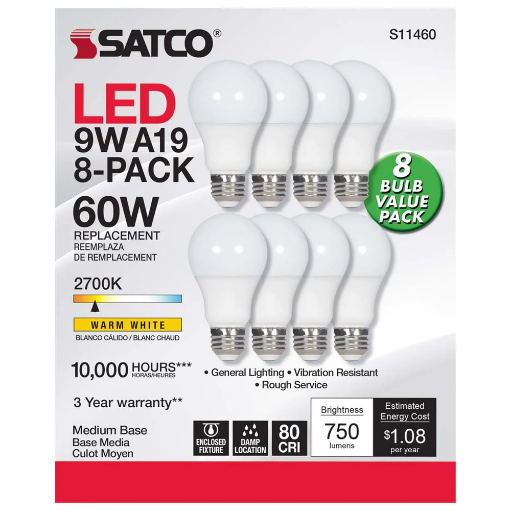8Pk - 9W A19 LED 2700K Non-Dimmable E26 Medium base 120v - 60w equiv - Image 2