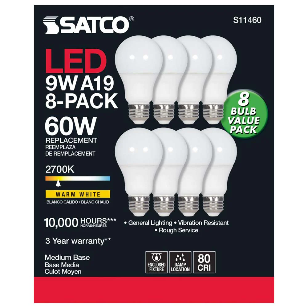 8Pk - 9W A19 LED 2700K Non-Dimmable E26 Medium base 120v - 60w equiv - Image 3