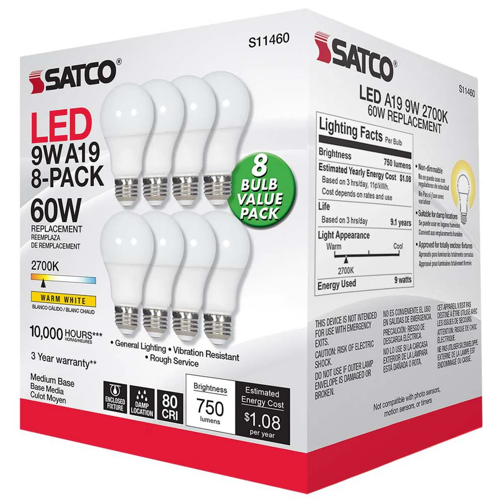 8Pk - 9W A19 LED 2700K Non-Dimmable E26 Medium base 120v - 60w equiv - Image 4