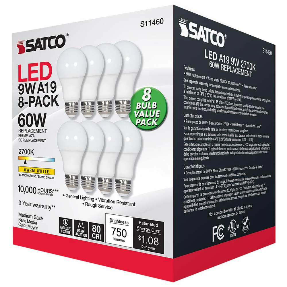 8Pk - 9W A19 LED 2700K Non-Dimmable E26 Medium base 120v - 60w equiv - Image 5