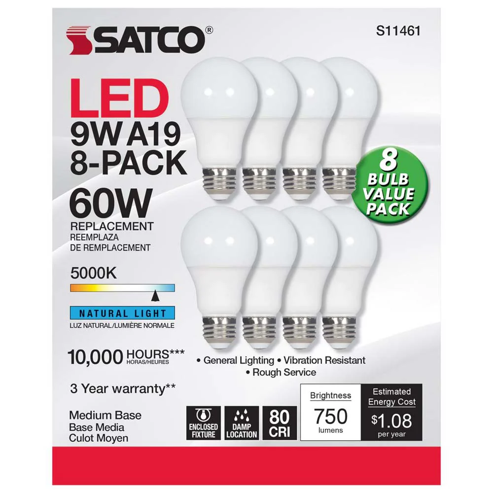 8Pk - 9W A19 LED 5000K Non-Dimmable E26 Medium base 120v - 60w equiv - Image 2