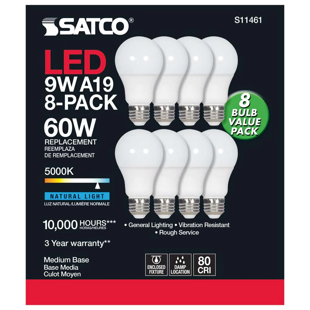 8Pk - 9W A19 LED 5000K Non-Dimmable E26 Medium base 120v - 60w equiv - Image 3