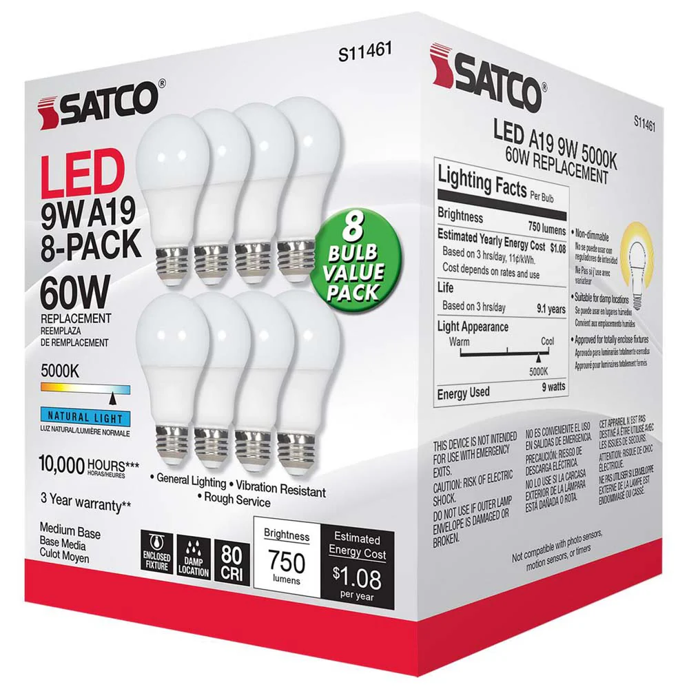 8Pk - 9W A19 LED 5000K Non-Dimmable E26 Medium base 120v - 60w equiv - Image 4