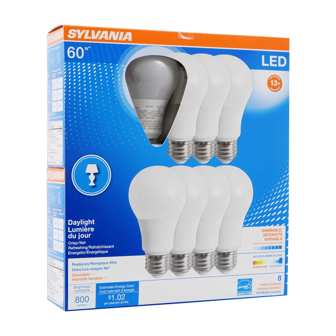 8Pk - Sylvania - 9W A19 LED 800LM 5000K Daylight Dimmable Bulb - 60w equiv