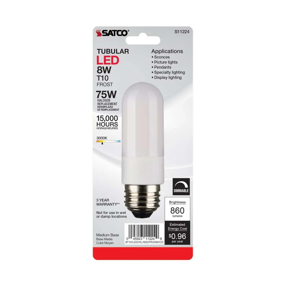 8W 120v T10 LED Frosted E26 3000K High Lumen Tubular Bulb Carded - 60w equiv - Image 3