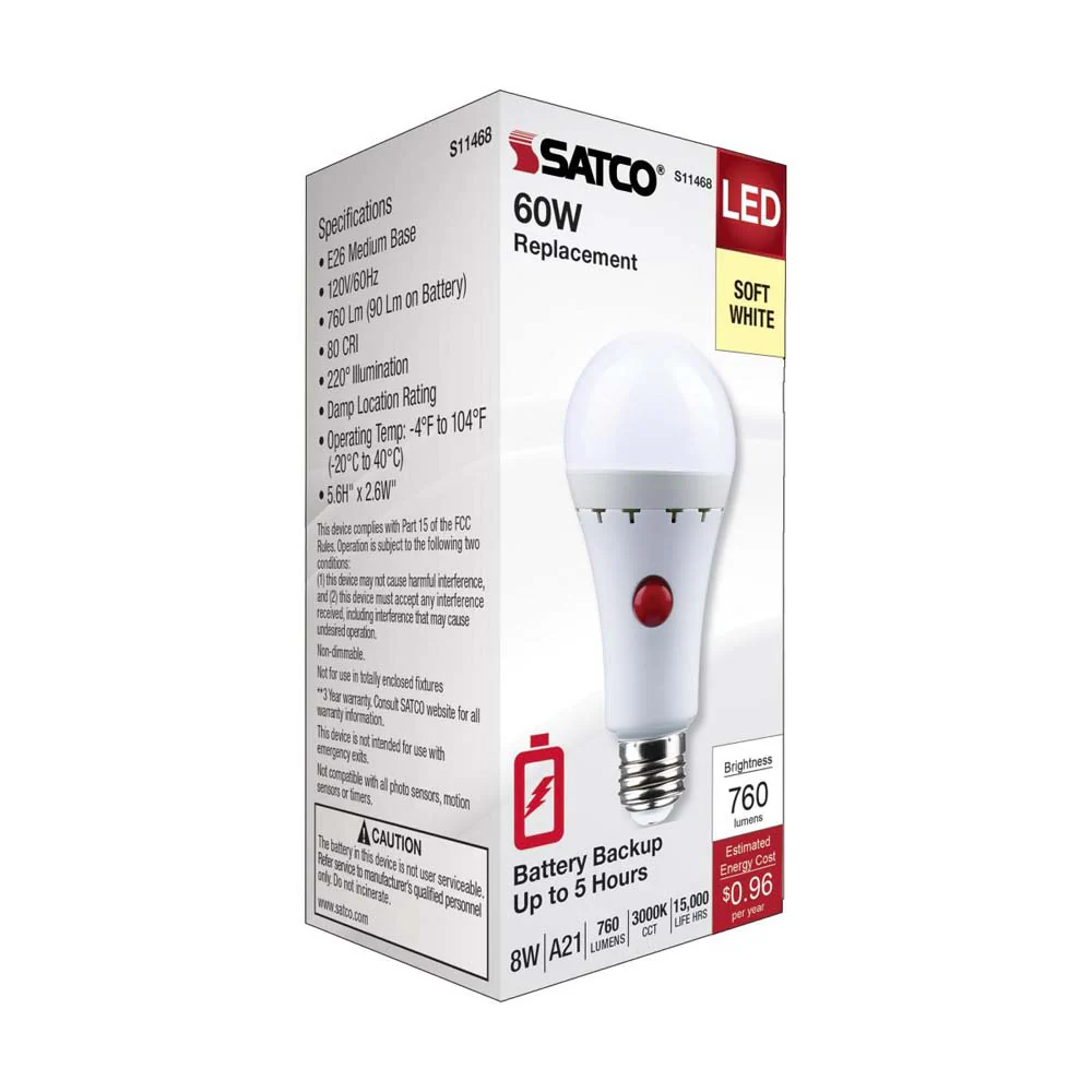 8W A21 LED 3000K Medium Base 120v Battery Backup - 60w equiv - Image 7