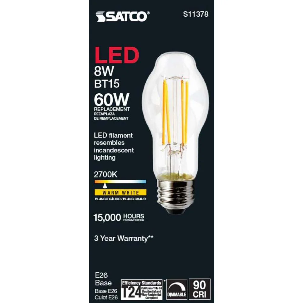 Satco 8W BT15 LED Clear Medium base 2700K 800 Lumens 360 deg Beam Spread 120v - Image 2