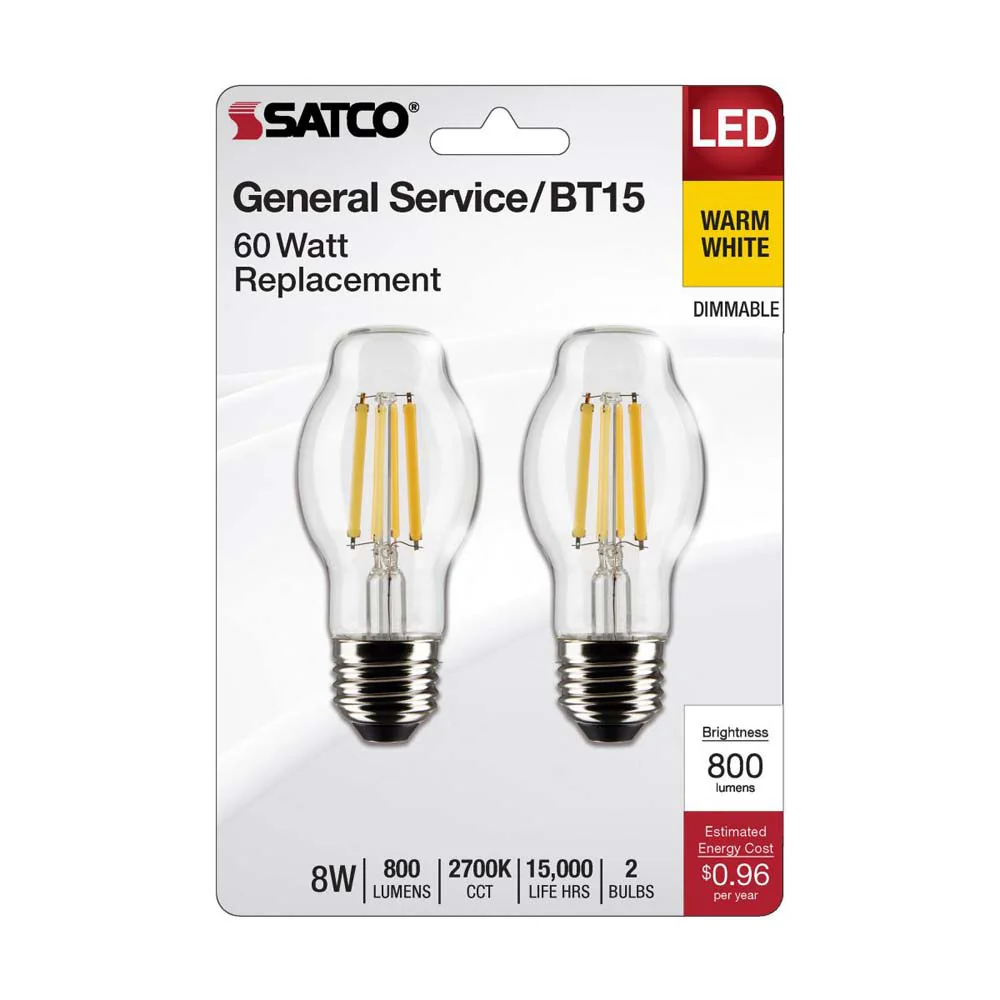 Satco 8W BT15 LED Clear Medium Base 2700K 800 Lumens 300 deg Beam Spread120v - Image 2