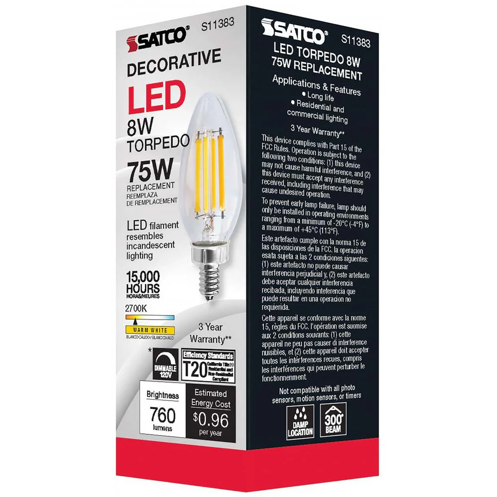 8W C11 LED Clear Candelabra base 2700K - Image 6