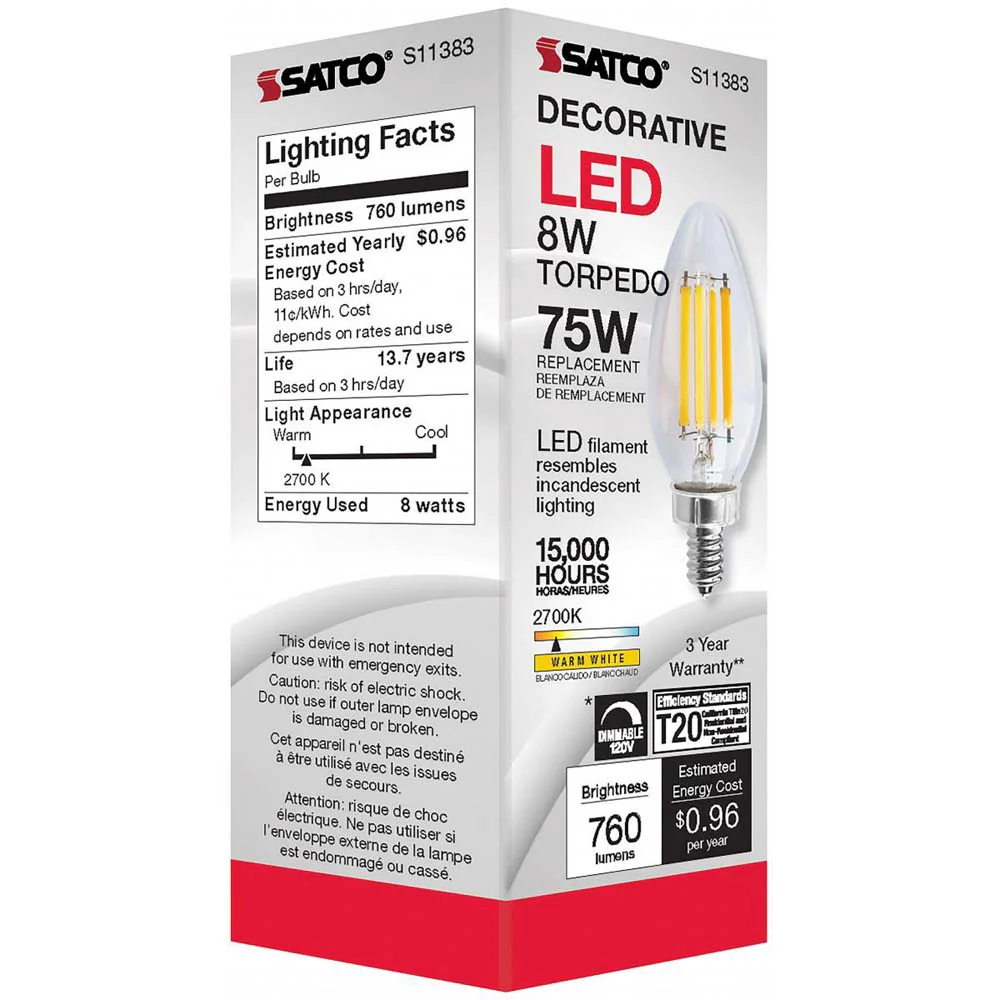 8W C11 LED Clear Candelabra base 2700K - Image 7