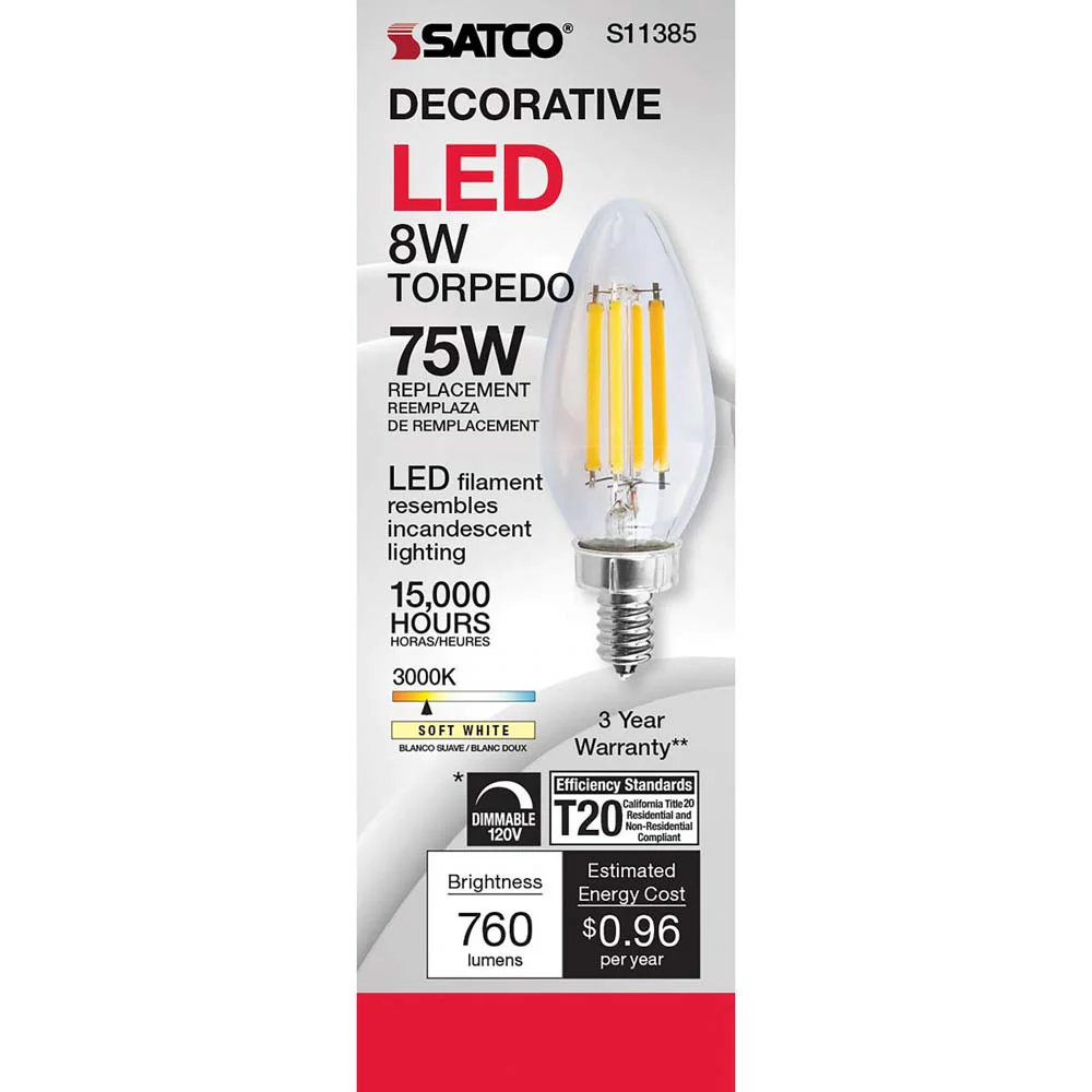 8W C11 LED Clear Candelabra base 3000K - Image 2