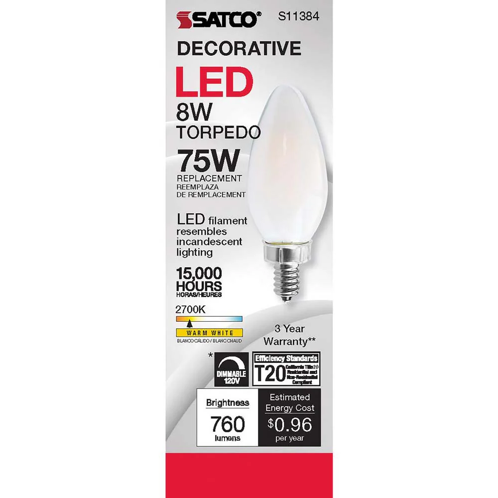 8W C11 LED Frosted Candelabra base 2700K - Image 2