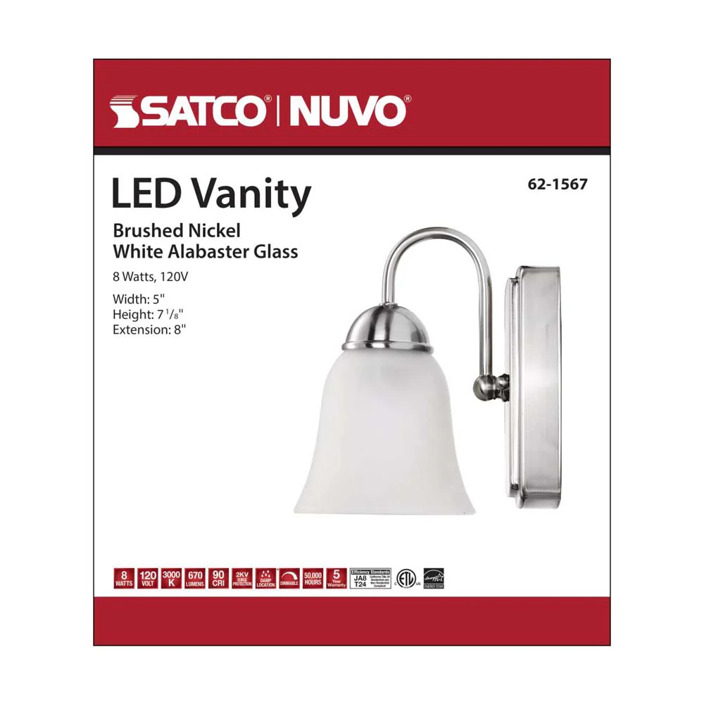 8w LED Vanity Fixture 3000K Brushed Nickel w/ Alabaster Glass - Image 7