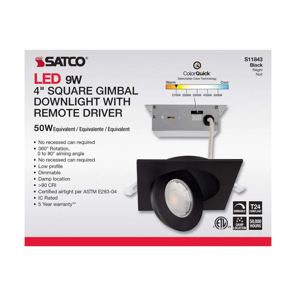 9w CCT Tunable LED Direct Wire Downlight 4-in Square Remote Driver Black - Image 6
