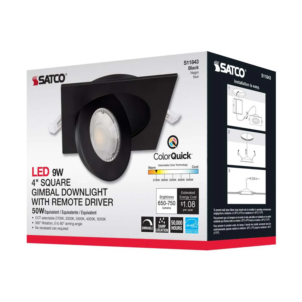 9w CCT Tunable LED Direct Wire Downlight 4-in Square Remote Driver Black - Image 7