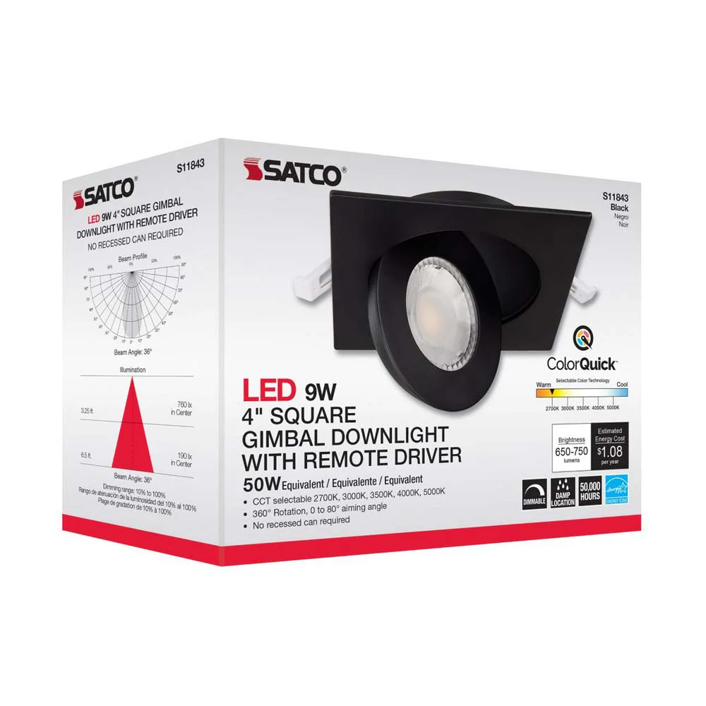 9w CCT Tunable LED Direct Wire Downlight 4-in Square Remote Driver Black - Image 8