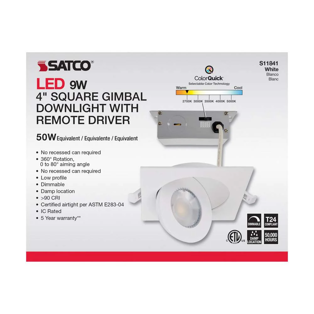 9w CCT Tunable LED Direct Wire Downlight 4-in Square Remote Driver White - Image 6