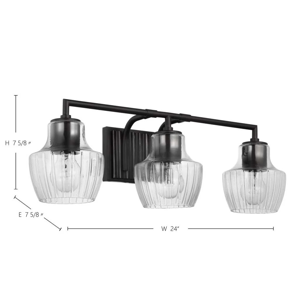 Destin 3-Light Vanity E26 Base 60w Black & Silver Finish Clear Ribbed Glass - Image 6