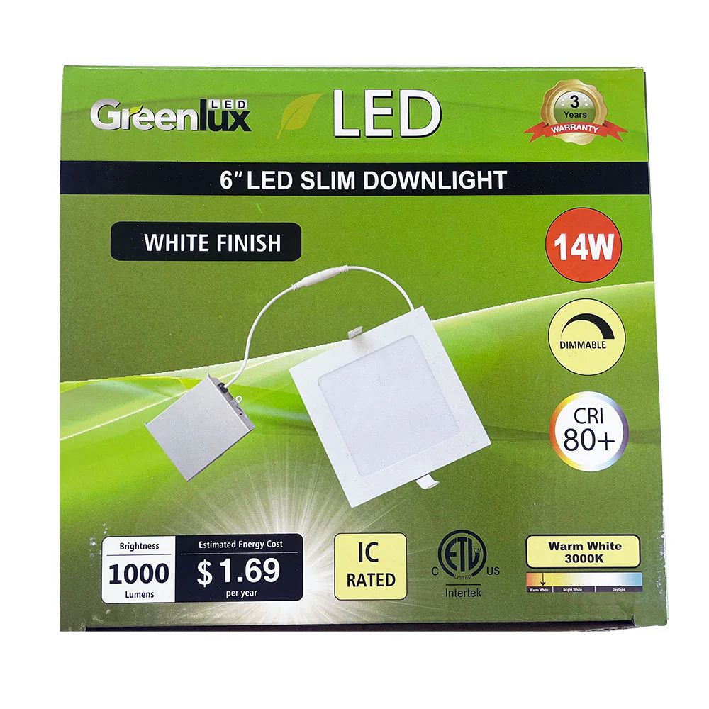 GreenLux 6-in 14w LED Square Slim Downlight 3000K Warm White 120v Dimmable - Image 7