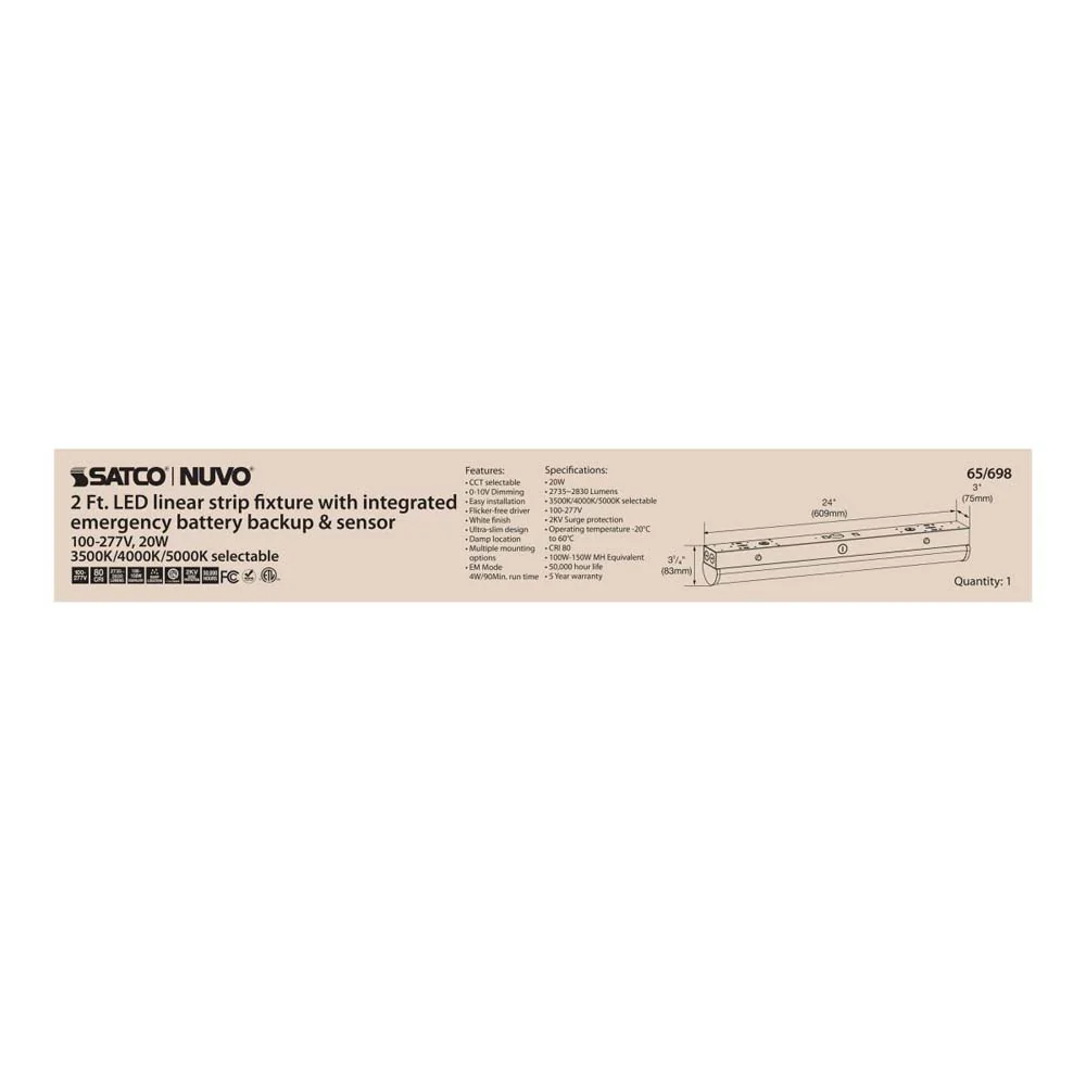 LED 2-ft Linear Strip Light 20W White Finish CCT Tunable 100-277V EM & Sensor - Image 2