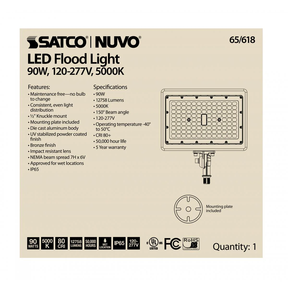 LED Flood Light 90w 5000K Bronze Finish 100-277V - Image 2