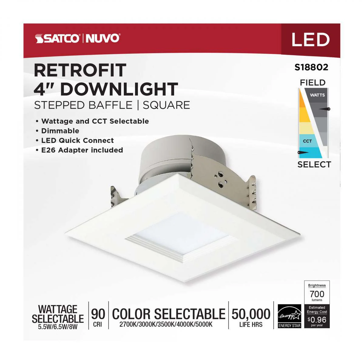 LED Retrofit Downlight Wattage Lumens & CCT Selectable 120v Square White Finish - Image 6