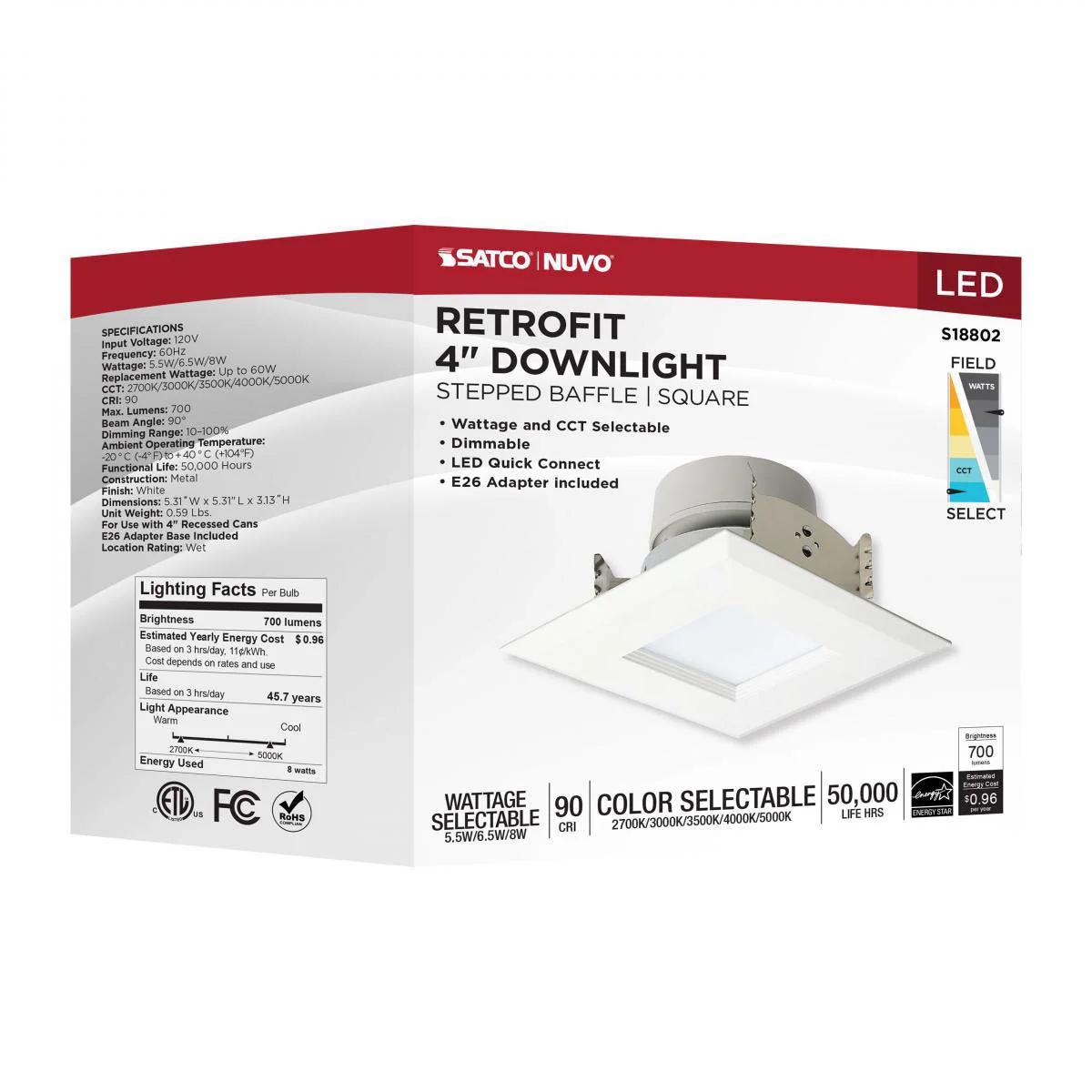 LED Retrofit Downlight Wattage Lumens & CCT Selectable 120v Square White Finish - Image 8