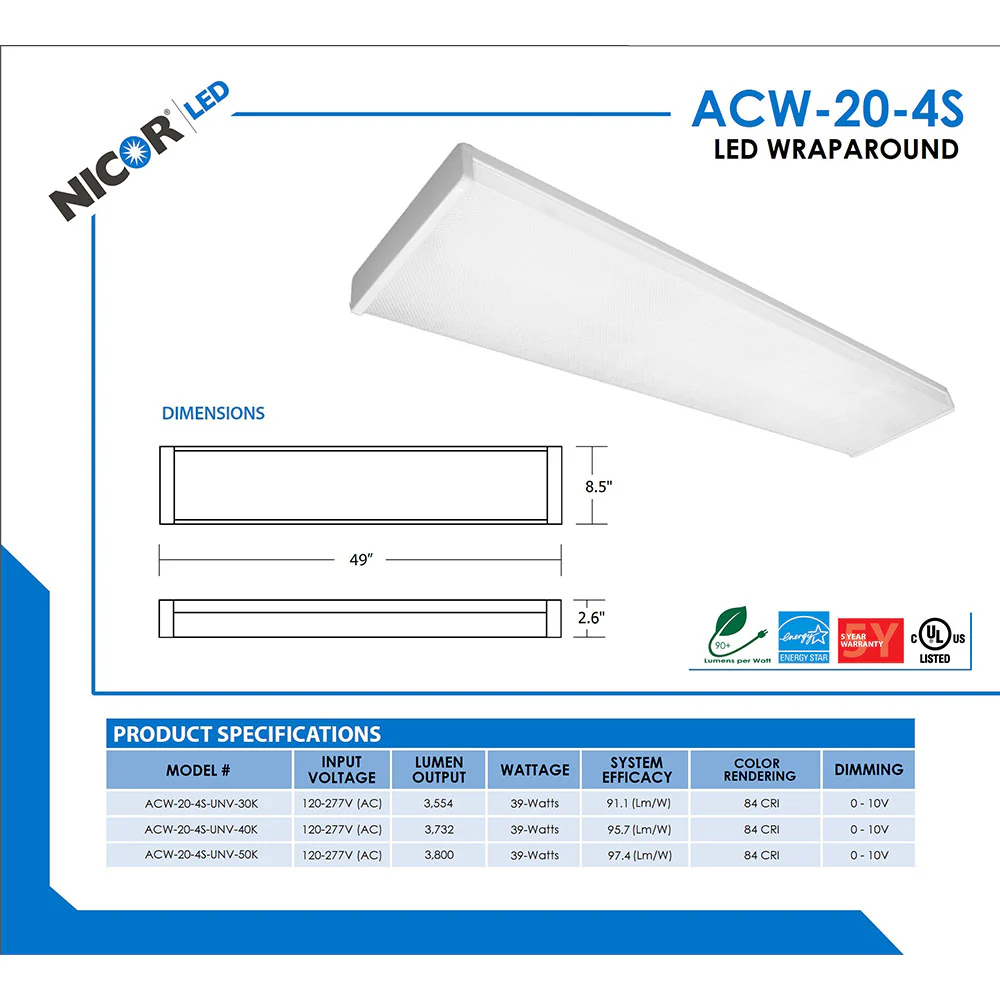 NICOR 4 Ft. Dimmable LED Wraparound with Prismatic Acrylic Lens in 4000K - Image 5