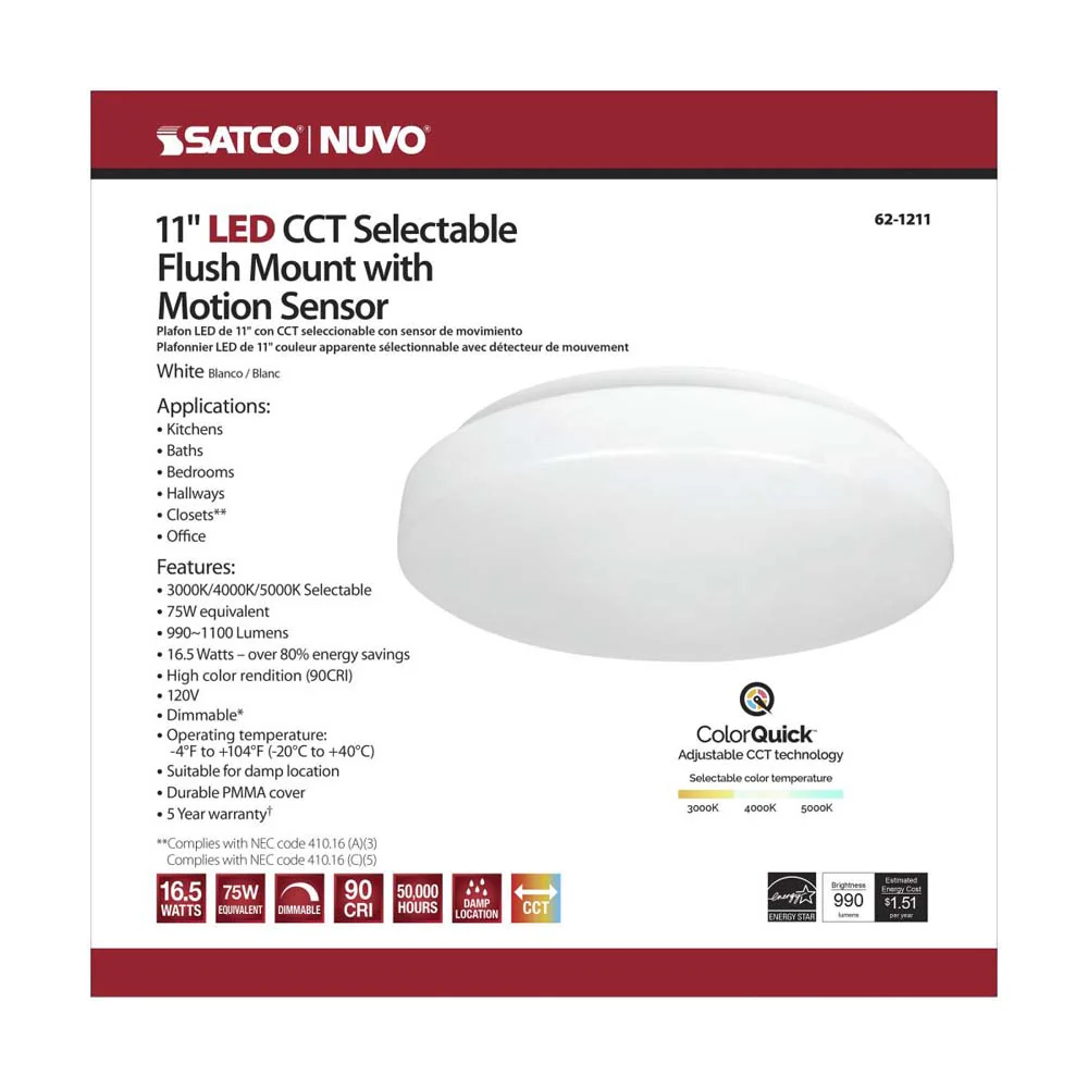 Nuvo 11-in LED Fixture Acrylic Flush Mounted CCT Selectable w/ Microwave Sensor - Image 8