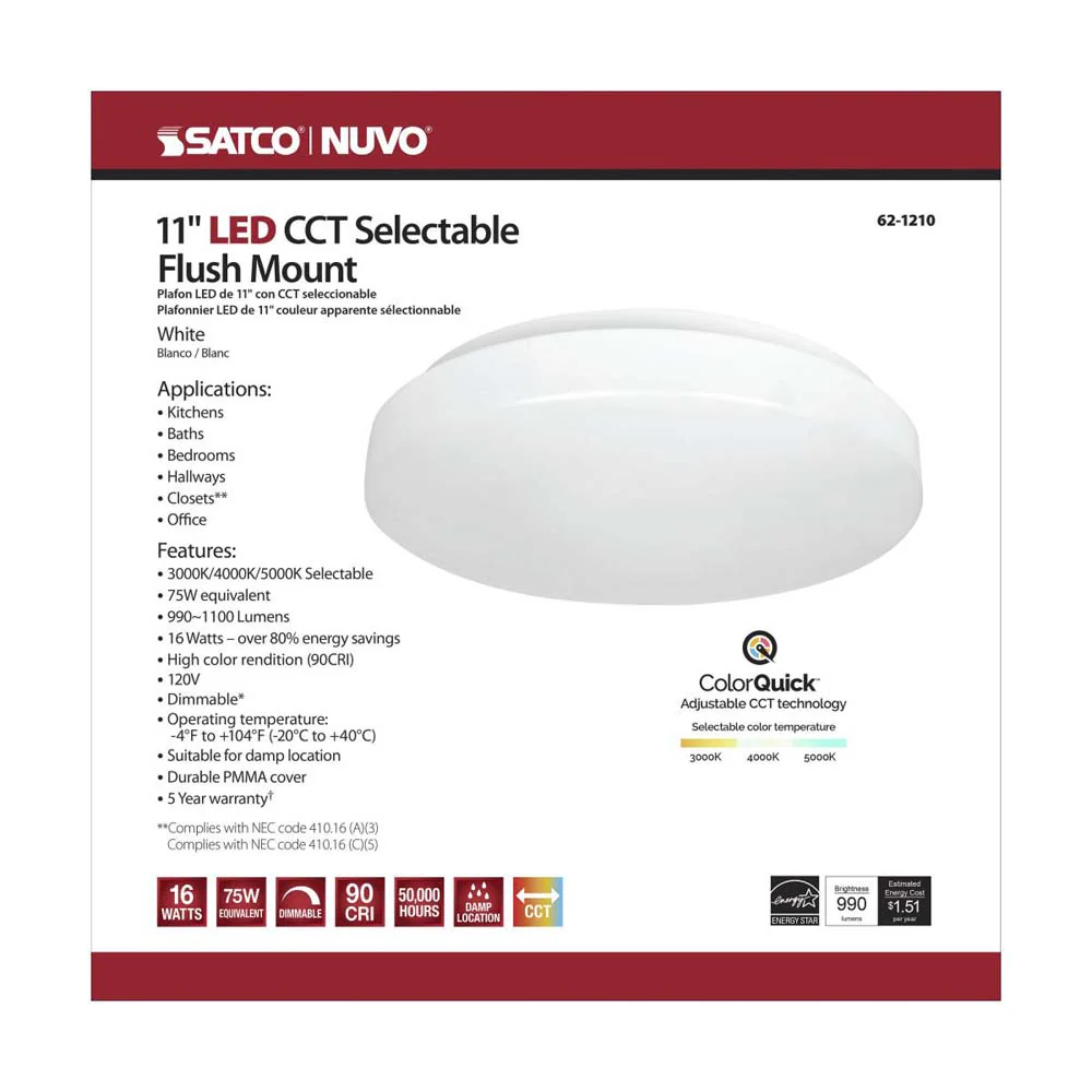 Nuvo 11 inch LED Fixture Acrylic Flush Mounted CCT Selectable White Finish 120V - Image 8