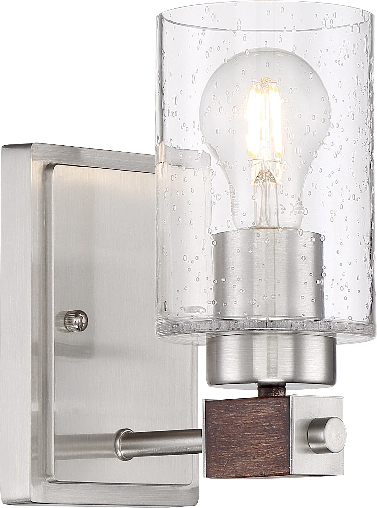 Nuvo 60w A19 Arabel Wall 1-Light 120v Brushed Nickel Nutmeg Wood & Clear Seeded