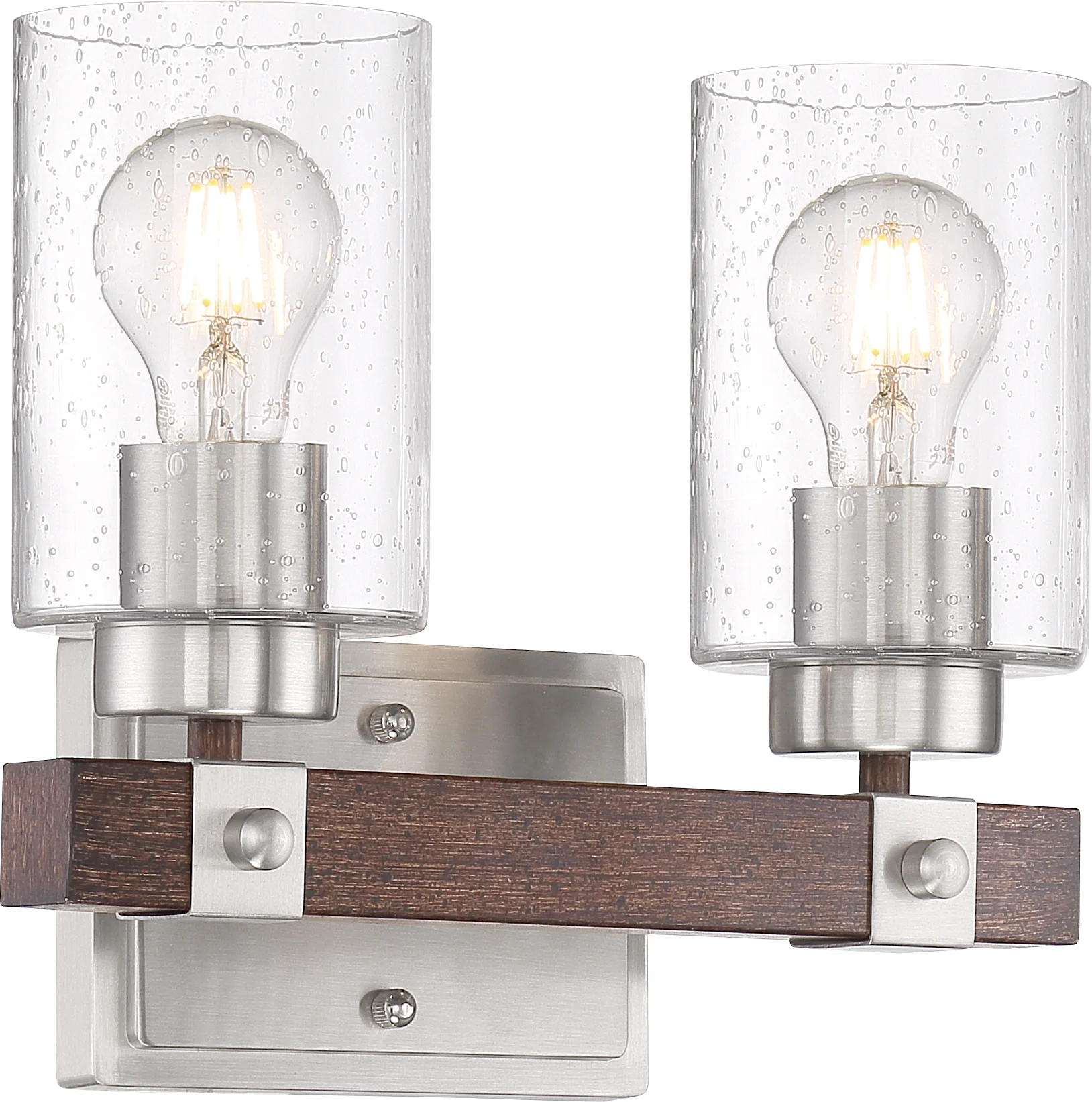 Nuvo 60w A19 Arabel Wall 2-Light 120v Brushed Nickel Nutmeg Wood & Clear Seeded