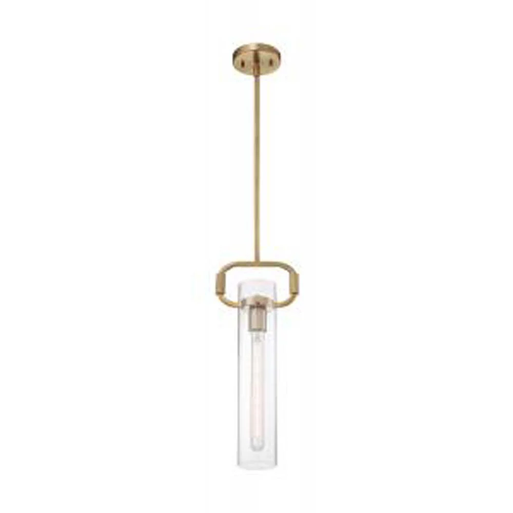 Nuvo Teresa 1-Light Cylinder Pendant w/ Clear Glass in Burnished Brass Finish
