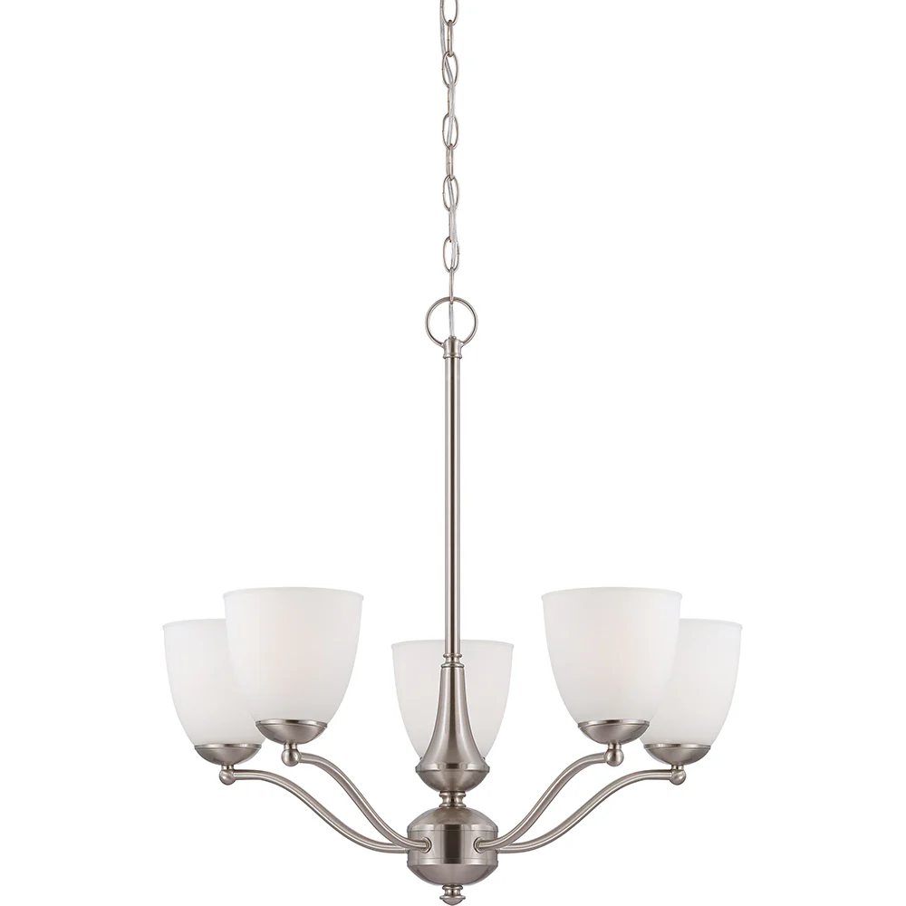 Nuvo Patton 5-Light Chandelier (Arms Up) w/ Frosted Glass in Brushed Nickel