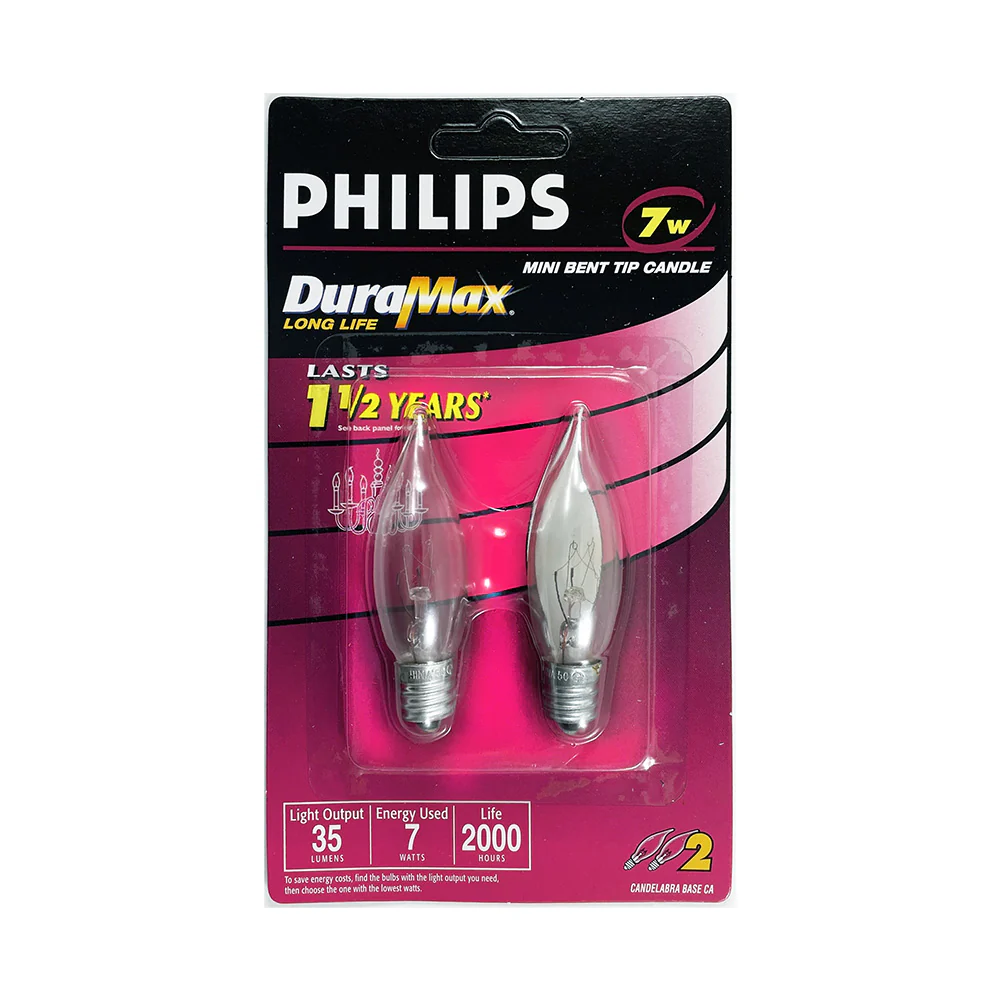 2Pk - Philips 7w 120v C7 CA5 Clear E12 Candelabra Mini Bent Tip Candle Light Bulb - Image 3