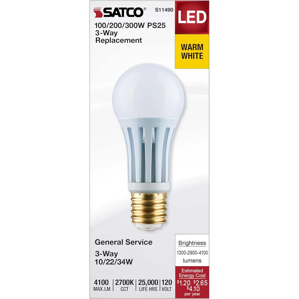 Satco 10/22/34w PS25 LED Three-Way Lamp E39d Mogul Base 2700K White Finish 120v - Image 6