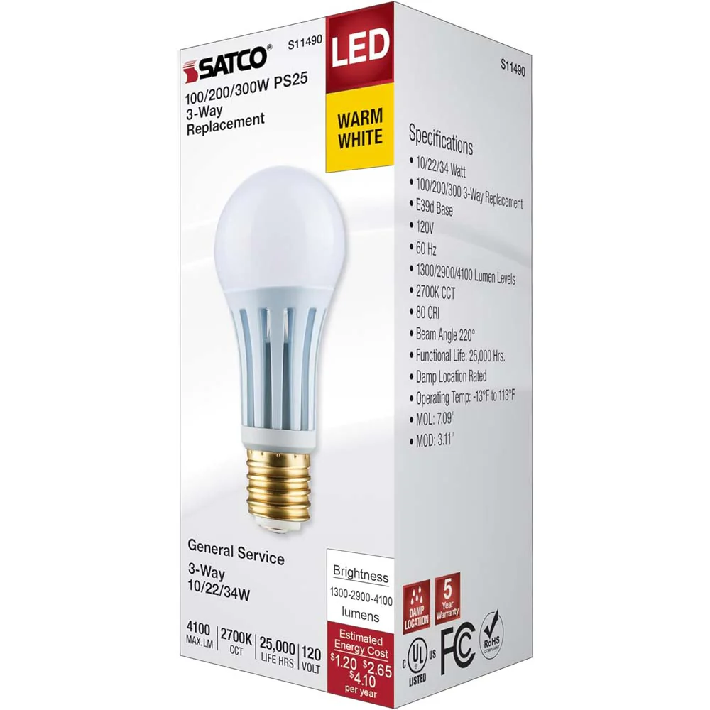 Satco 10/22/34w PS25 LED Three-Way Lamp E39d Mogul Base 2700K White Finish 120v - Image 8