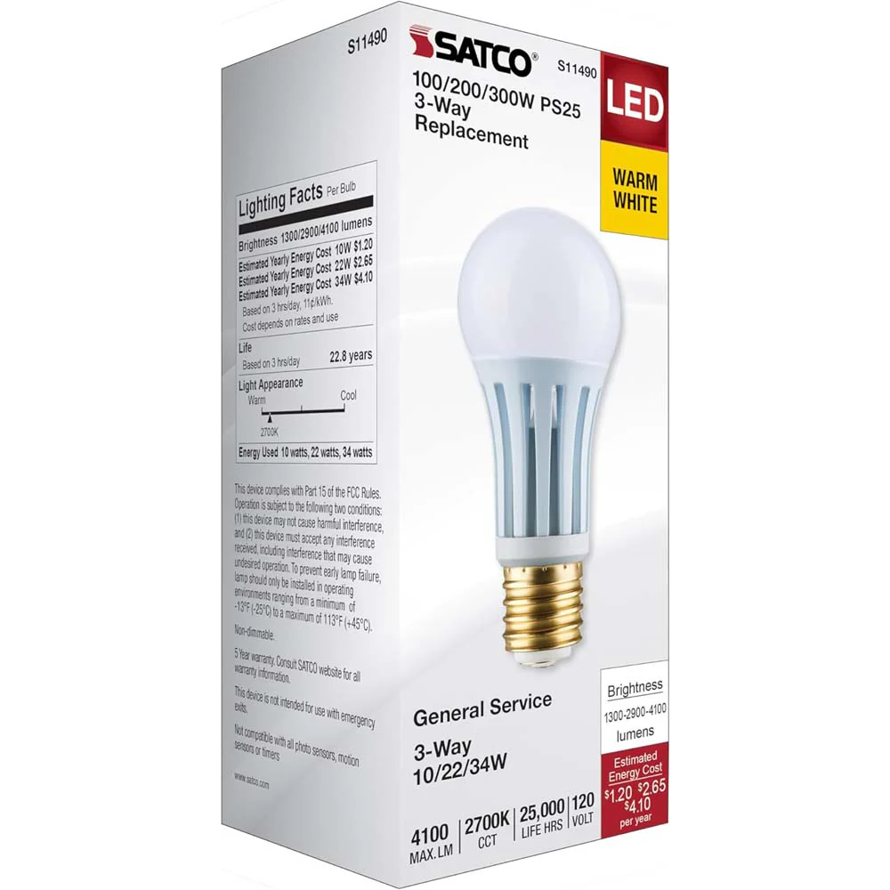 Satco 10/22/34w PS25 LED Three-Way Lamp E39d Mogul Base 2700K White Finish 120v - Image 9
