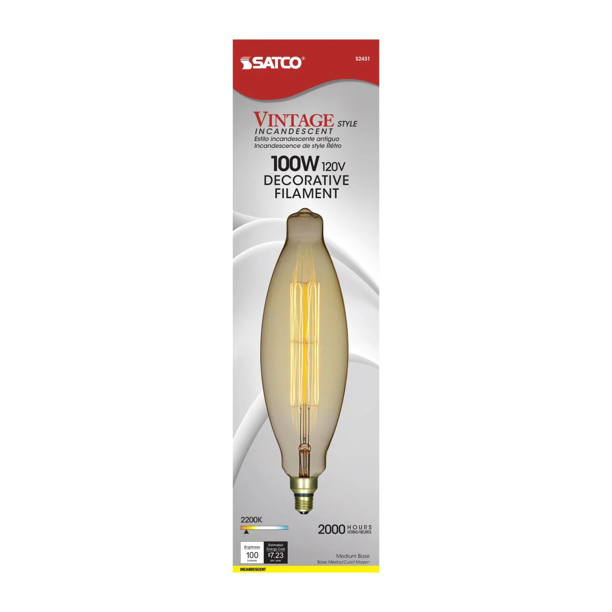 Satco 100w BT38 Incandescent vintage style E26 Base 120v 2200K Amber Finish Bulb - Image 3