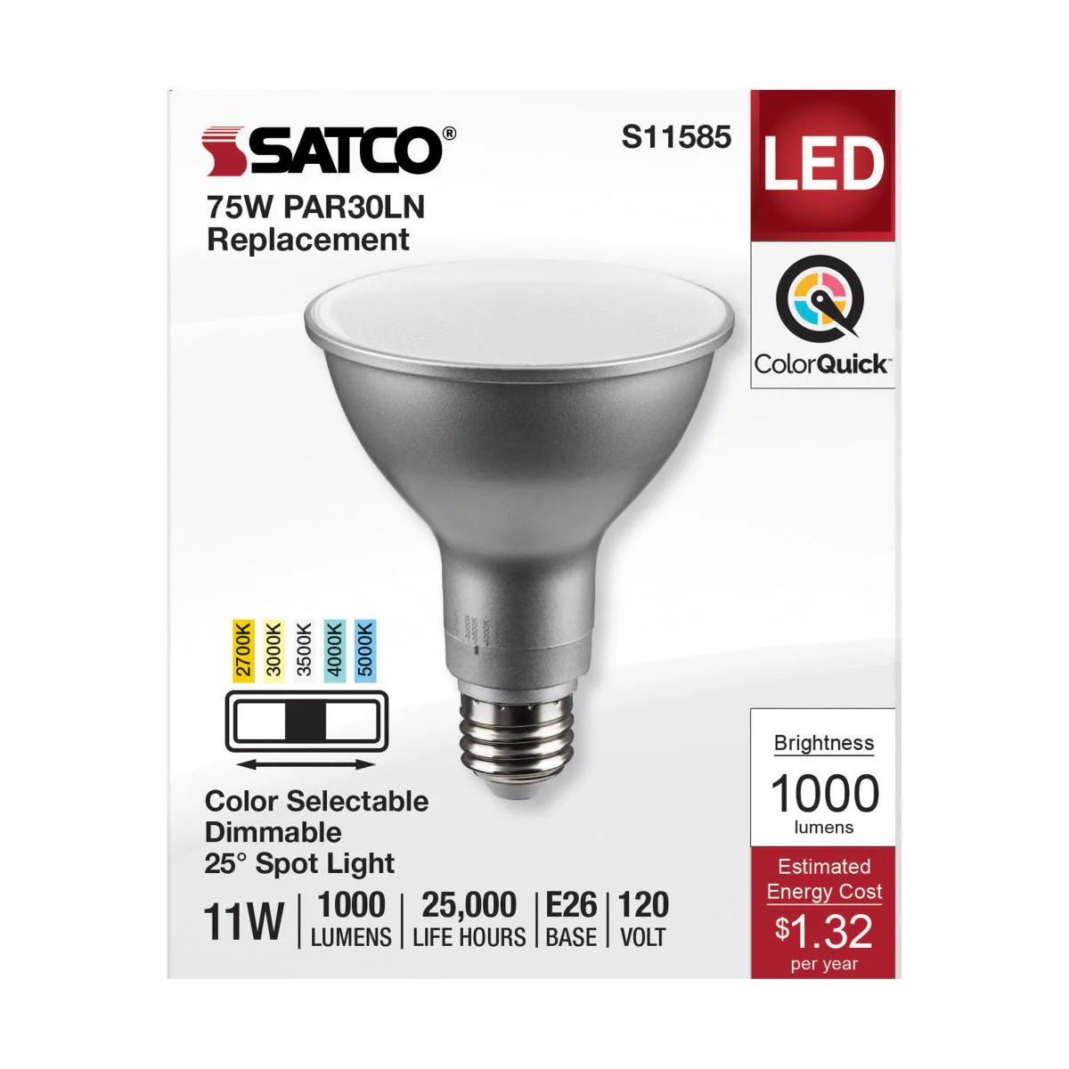 Satco 11w PAR30LN LED E26 Base 25deg 120v CCT Tunable Silver Finish Bulb - Image 3