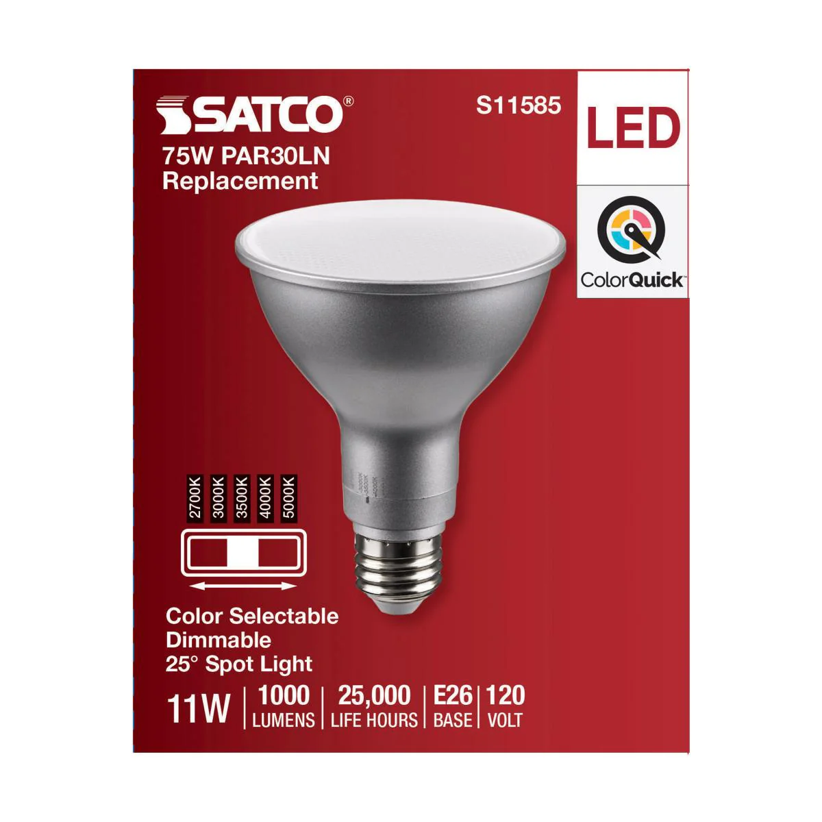 Satco 11w PAR30LN LED E26 Base 25deg 120v CCT Tunable Silver Finish Bulb - Image 4