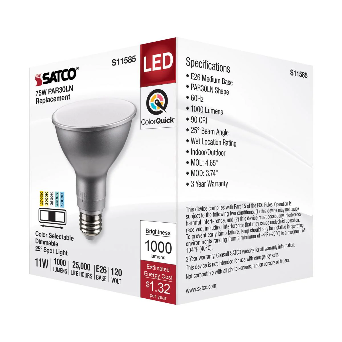 Satco 11w PAR30LN LED E26 Base 25deg 120v CCT Tunable Silver Finish Bulb - Image 5