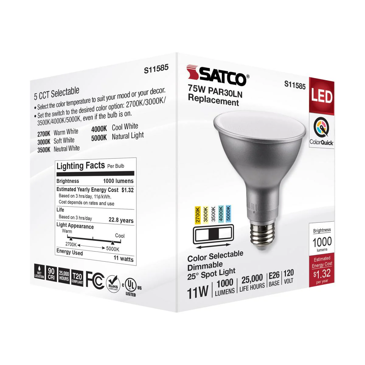 Satco 11w PAR30LN LED E26 Base 25deg 120v CCT Tunable Silver Finish Bulb - Image 6
