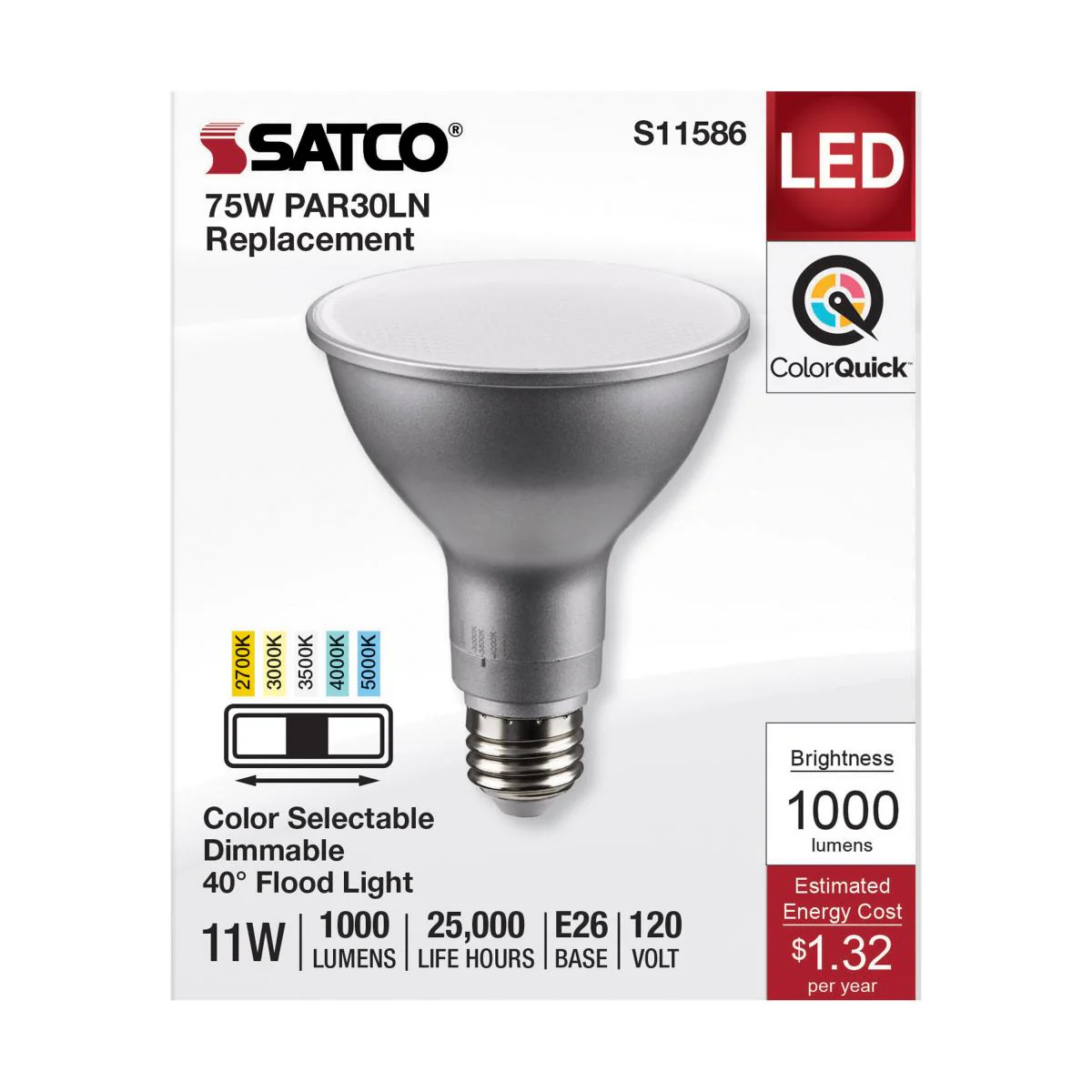Satco 11w PAR30LN LED E26 Base 40deg 120v CCT Tunable Silver Finish Bulb - Image 3