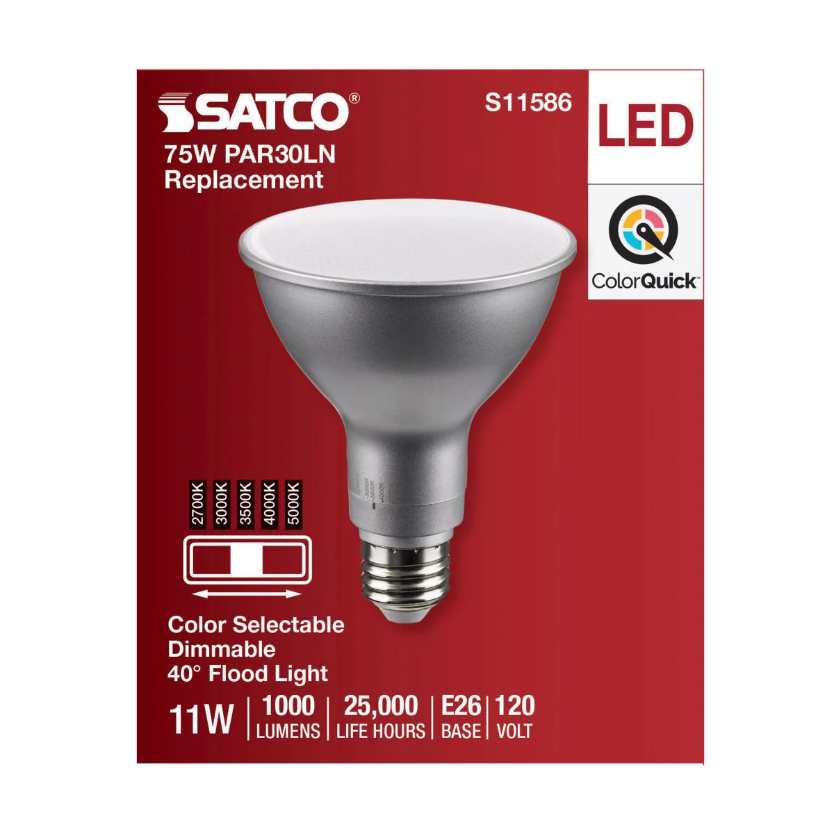 Satco 11w PAR30LN LED E26 Base 40deg 120v CCT Tunable Silver Finish Bulb - Image 4