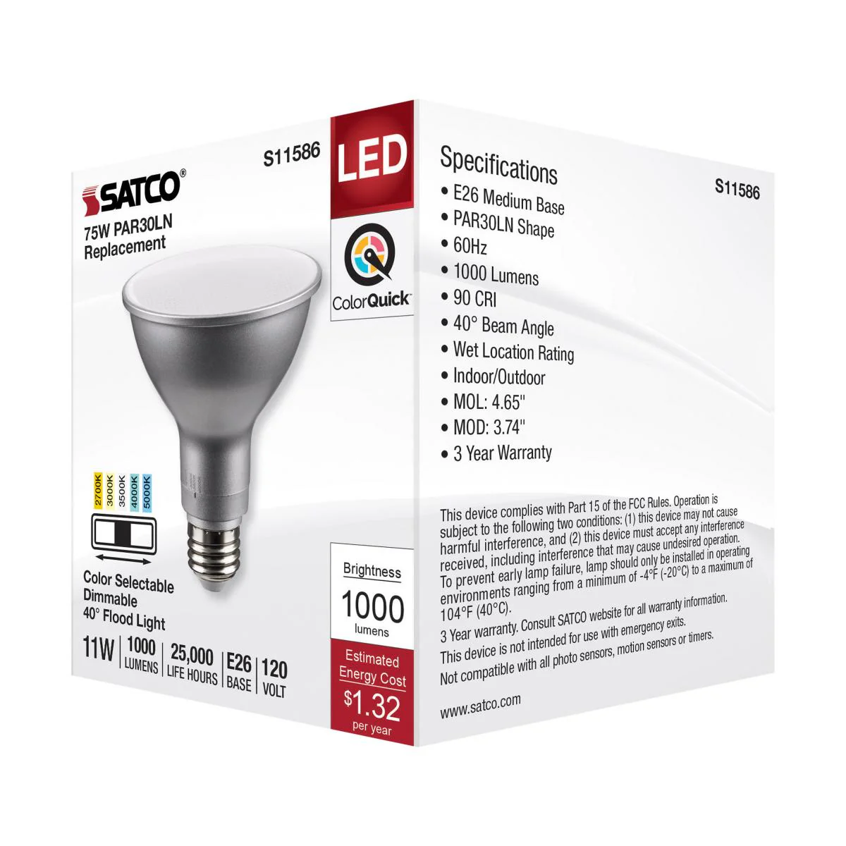 Satco 11w PAR30LN LED E26 Base 40deg 120v CCT Tunable Silver Finish Bulb - Image 5