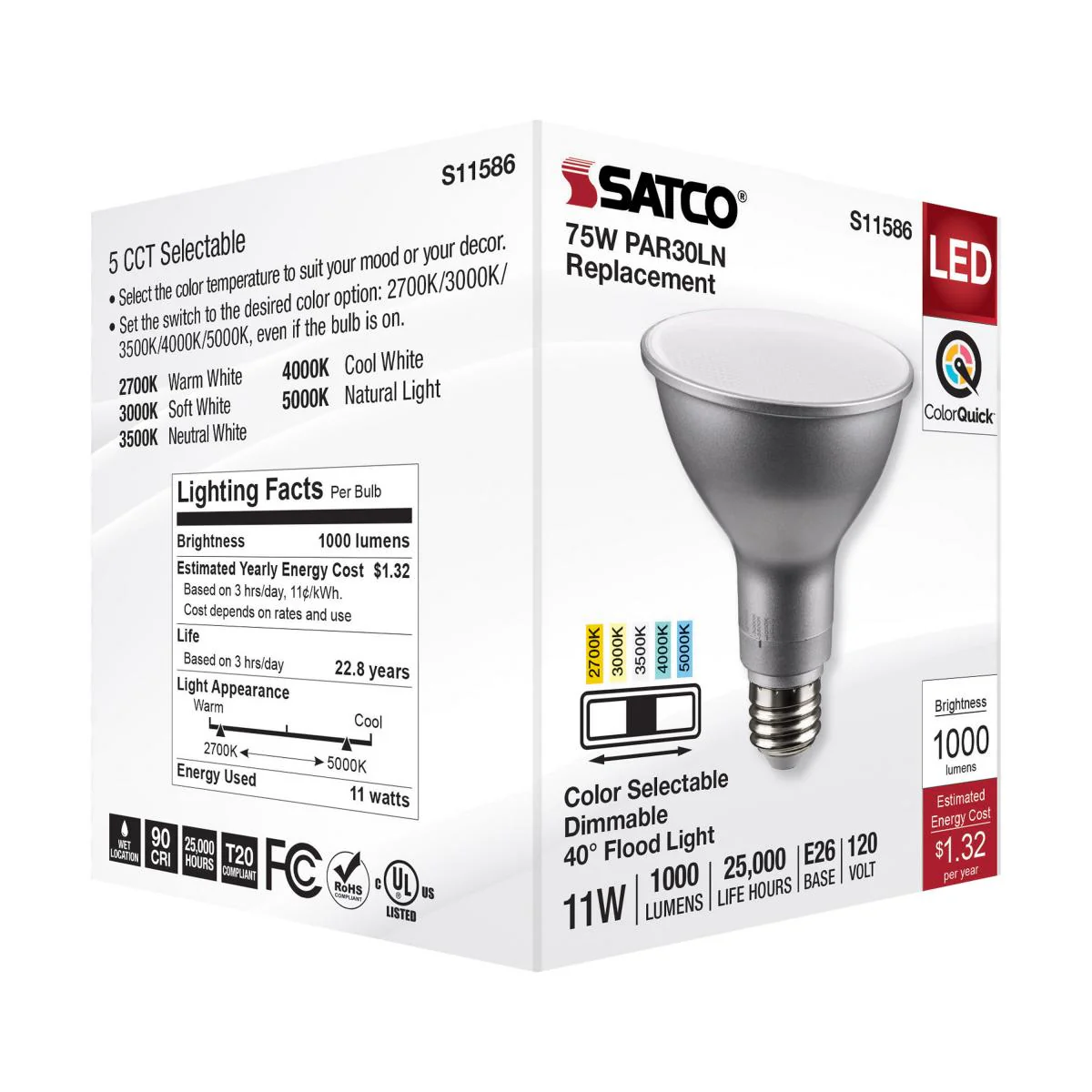 Satco 11w PAR30LN LED E26 Base 40deg 120v CCT Tunable Silver Finish Bulb - Image 6