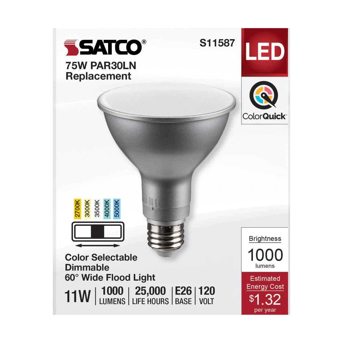 Satco 11w PAR30LN LED E26 Base 60deg 120v CCT Tunable Silver Finish Bulb - Image 3